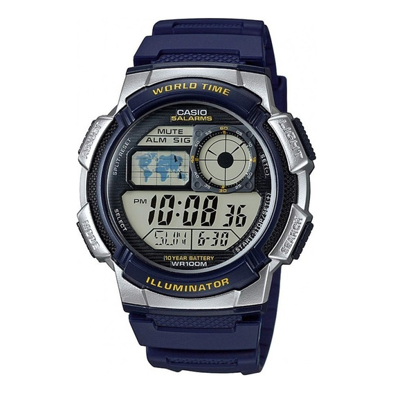Reloj pulsera Casio Youth Series AE-1000 de cuerpo color plateado, digital, para hombre, fondo negro, con correa de resina color azul, dial negro, subesferas color gris, minutero/segundero negro, bise