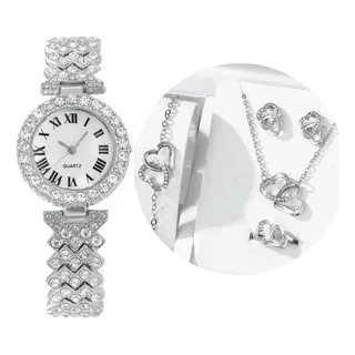 Relógio Feminino Strass + Colar, Brincos E Pulseira Corações Cor Da Correia Prata Cor Do Bisel Prata Cor Do Fundo Branco