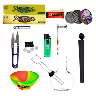 Kit Bong De Vidro 14cm Tesoura Sedas Mocó Piteira Triturador