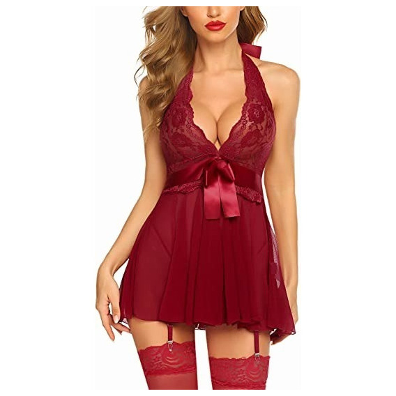 Lencería Sexy Para Mujer Babydoll De Encaje Cuello En V