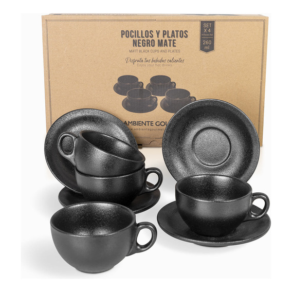 Pocillo Y Plato Negro Mate 260 Ml Setx4 Ambiente Gourmet