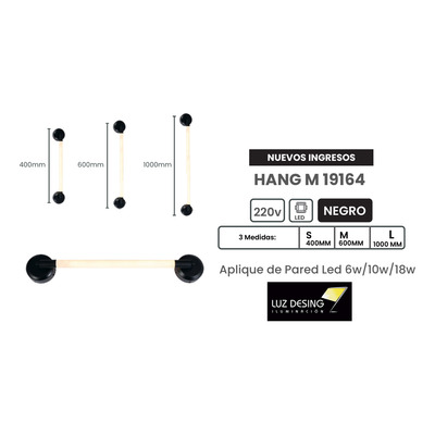 Aplique Pared Hang L Negro Barral Led 18w Deco Moderno Cie