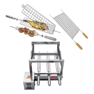 Churrasqueira Grill Giratório Inox 3 Espetos + 2 Grelhas Cor Prateado 110v/220v