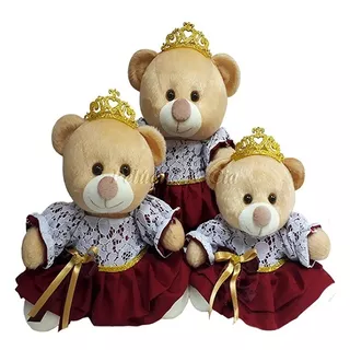 Ursa Princesa Com Vestido Marsala De Pelúcia Trio Para Nicho 18 22 E 26cm Quarto De Bebê Menina