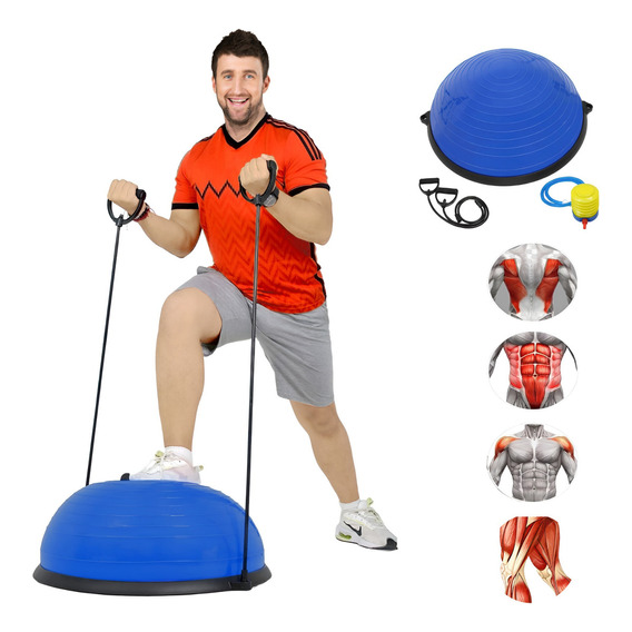 Pelota Pilates Yoga Equilibrio Ecomlab Con Ligas Resistencia Color Azul