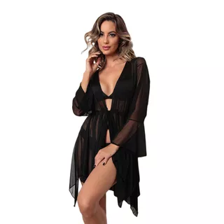 Saída De Praia Feminino Tule Transparente Fluído Cinturada