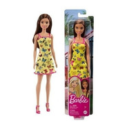 Muñeca Barbie Basica Pelo Castaño Con Vestido De Moda Mattel