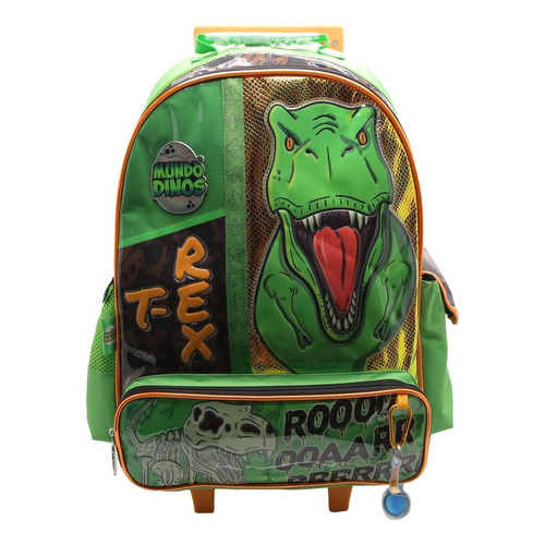 Mochila Carro 16 Escolar Mundo Dinos T Rex Fosil Color Verde Diseño de la tela Liso