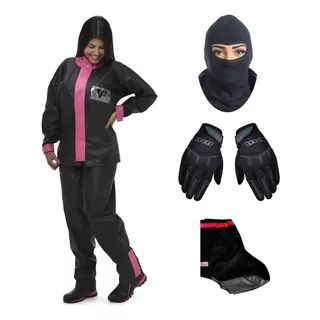 Kit Feminino Capa De Chuva Pantaneiro Luva X11 Fitx Balaclava Touca Ninja Polaina Galocha 100% Impermeável Moto