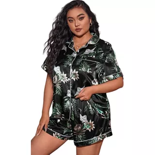 Conjunto Pijama Satén Negra Floral, Talla Extra 2xl 3xl 4xl 