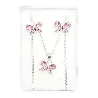 Collar Mariposa Rosa Zirconias De Plata 925+aretes Y63