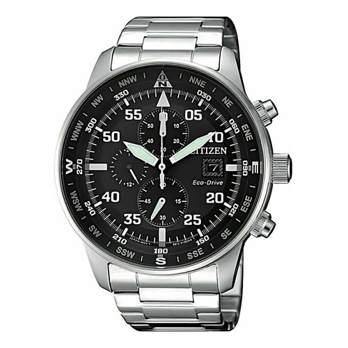 Reloj pulsera Citizen EcoDrive CA069 de cuerpo color plateado, analógico, para hombre, fondo negro, con correa de acero inoxidable color plateado, agujas color blanco y verde, dial blanco y gris, subesferas color negro, minutero/segundero blanco, bisel color plateado y desplegable