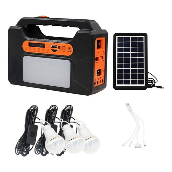 Equipo Solar Parlante Cargador Usb Lampara Linterna Fm Panel