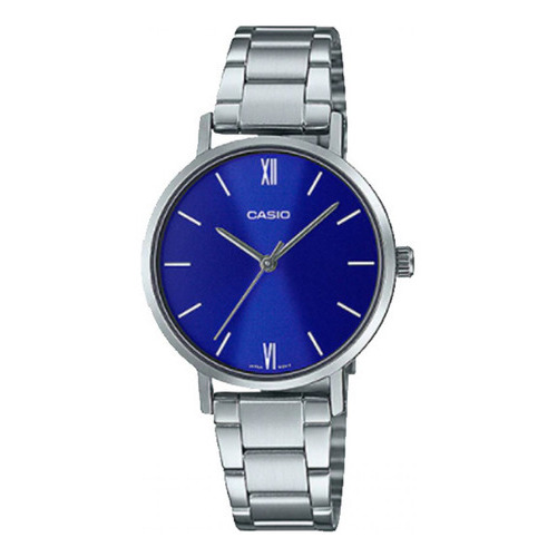 Reloj Dama Casio Ltp-vt02d-2a Elegante Resistente Agua Acero Color de la malla Plateado Color del fondo Azul