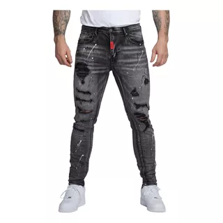 [logeqi] Jeans Negros Rasgados De Arte Gótico Para Hombre