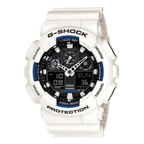 Reloj pulsera Casio G-Shock GA100 de cuerpo color blanco, analógico-digital, para hombre, fondo negro, con correa de resina color blanco, agujas color blanco, dial blanco, subesferas color negro y celeste, minutero/segundero blanco, bisel color blanco y azul y hebilla doble