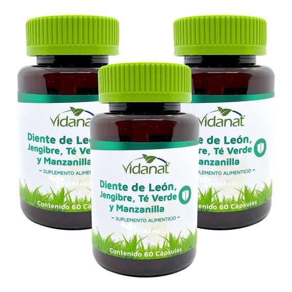 Diente De León Jengibre Té Verde Y Manzanilla 60 Cáps (3pzs)