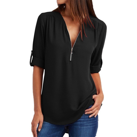 Camiseta Miveni Con Cuello V Sexy Y Cremallera Para Mujer