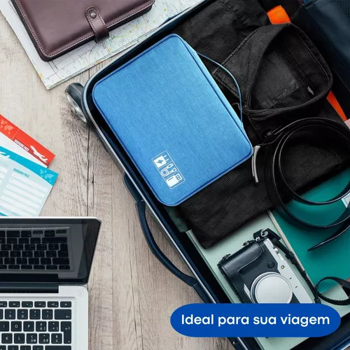Bolsa Estojo Case Organizador Cabos Cartão Passaporte Viagem - Azul
