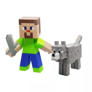 Minecraft Steve + Cachorro Cinza + Picareta E Espada 