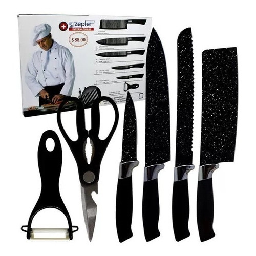 Juego de cuchillos de 6 piezas, tijeras de cocina, acero inoxidable, antiadherentes, color: negro