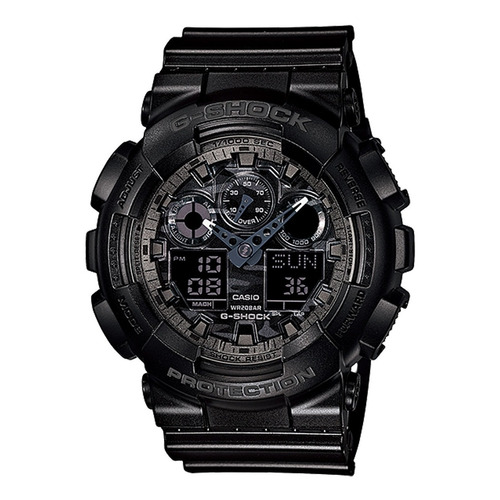 Reloj de pulsera Casio G-Shock GA100 de cuerpo color negro, analógico-digital, para hombre, fondo camuflado gris, con correa de resina color negro, agujas color azul y blanco, dial gris, subesferas color gris y negro, minutero/segundero gris, bisel color negro y hebilla doble