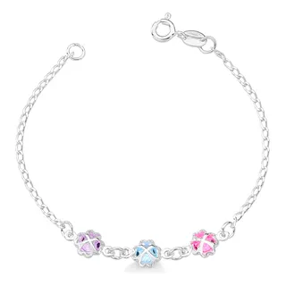 Pulseira Infantil Trevos Pedras Coloridas Prata 925