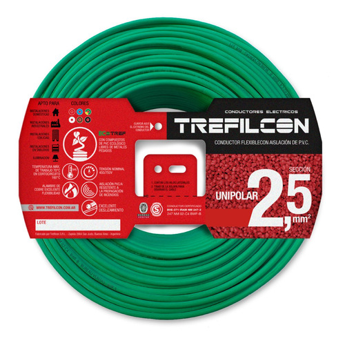Cable Electrico Normalizado 2,5mm Trefilcon Color Verde X 25 Metros