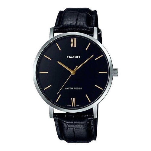 Reloj pulsera Casio Reloj LTP-VT01L-1BUDF de cuerpo color dorado, analógica, para mujer, fondo negro, con correa de cuero geniuno color, bisel color negro