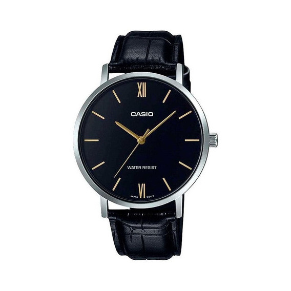Reloj pulsera Casio Reloj LTP-VT01L-1BUDF de cuerpo color dorado, analógica, para mujer, fondo negro, con correa de cuero geniuno color, bisel color negro