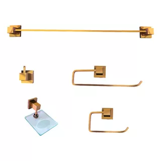 Kit Acessórios Banheiro Metal 5 Peças Luxo Quadrado Dourado