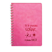 Cuaderno Chico Rosa Eco-cuero Anillado Hojas Lisas Con Frase