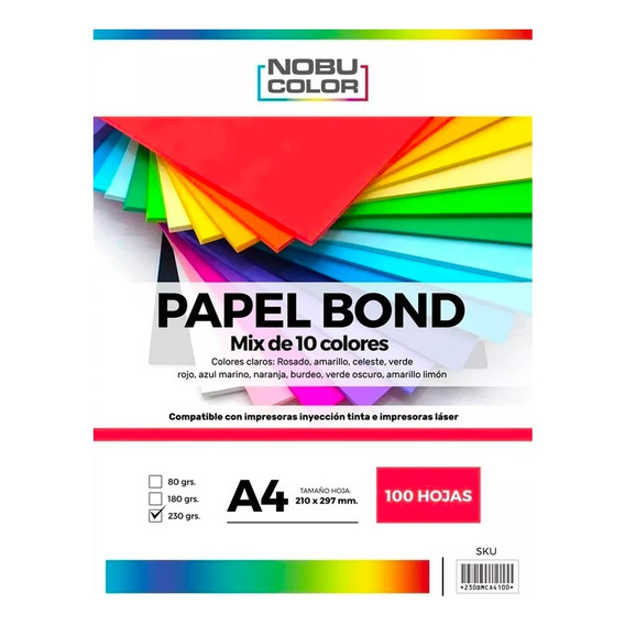 Papel Bond A4 Mix 10 Colores - 100 Hojas - 230 Grs.