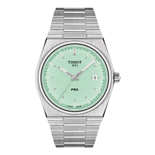 Reloj pulsera Tissot T-Classic T137.410.11.051.00 de cuerpo color gris, analógico, para hombre, fondo verde, con correa de acero inoxidable color gris, agujas color gris y blanco, dial gris y blanco, minutero/segundero negro, bisel color gris y mariposa