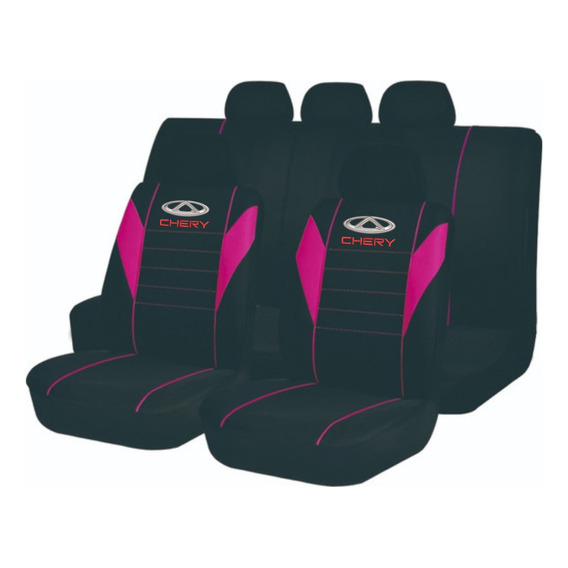 Juego Cubreasiento Genérico Tela Negro Rosado Logo Chery 