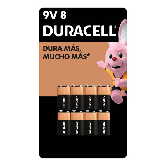 Pila 9V Duracell Alcalinas, batería cuadrada, 8 pilas