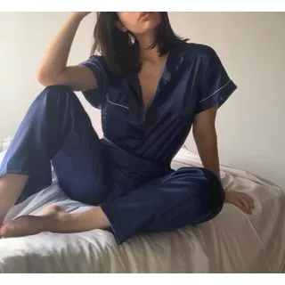 Pijama Camisa Camisero Manga Corta Con Pantalon Saten Raso 