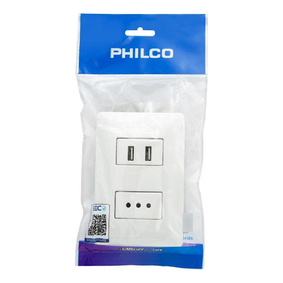 Tomacorriente Simple Con Usb Philco 250v/10a Blanco 78558