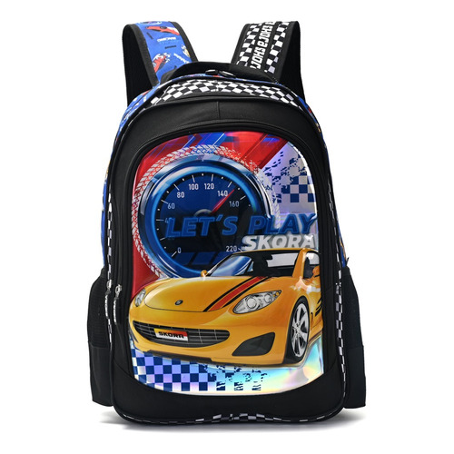 Mochila Autos Carreras Escolar Espalda Skora Lets Play Color Azul Diseño de la tela Gatito