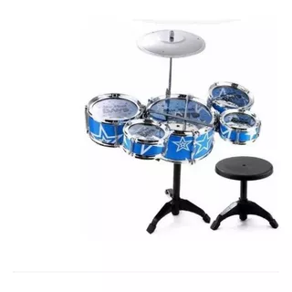 Mini Bateria Musical Infantil 5 Tambores Com Banco Jazz Drum Cor Azul
