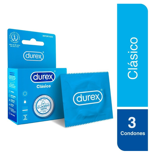 Durex Clásico Caja 3 Condones Preservativos Látex Lubricados