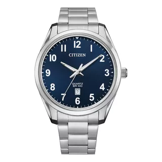 Reloj Citizen Bi103151l Para Hombre Triple Manecilla Acero Malla Plateado Bisel Plateado Fondo Azul Oscuro