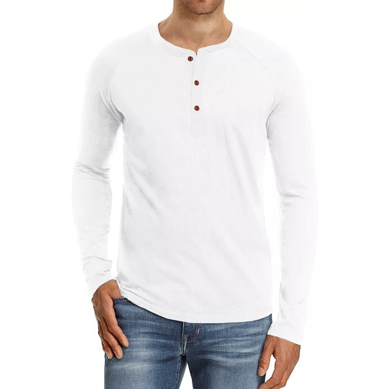 Playera Casual Manga Larga Cuello Henley Para Hombre Algodón