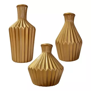 Trio De Vasos Efeito 3d Cerâmica Decoração Enfeite Rack S Cor Dourado Brilhante