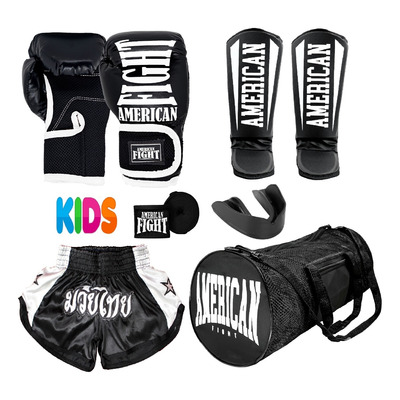 Kit Muay Thai Luva Caneleira Bolsa Shorts Buc Band Infantil