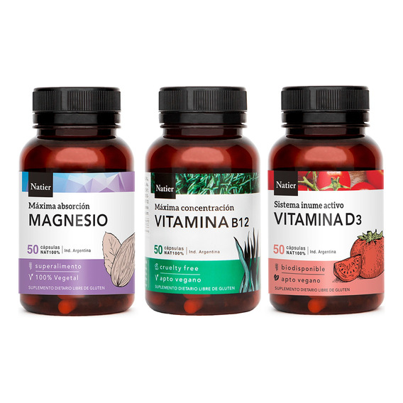 Natier Kit Suplemento Vegano Magnesio + Vitamina B12 + D3