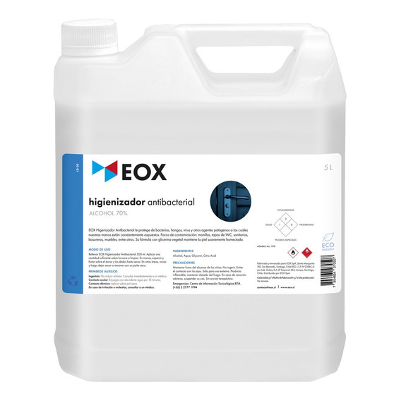 Higienizador Antibacterial Alcohol 70% Con Glicerina Eox 5 L