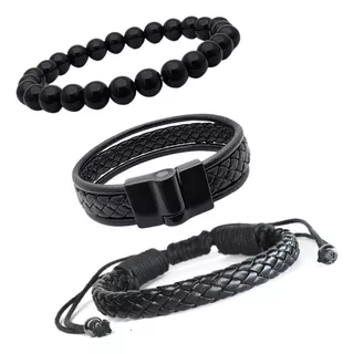 Pulseiras Masculinas De Couro Fecho Imã Kit C/03 Albus