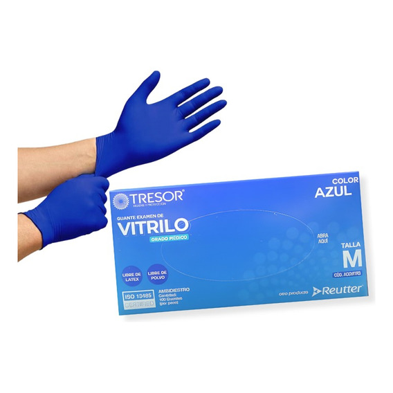  Guante Vitrilo Color Azul Tresor Grado Medico Talla M 100u