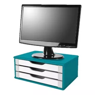 Suporte Para Monitor Mdf Azul Com 3 Gavetas Brancas